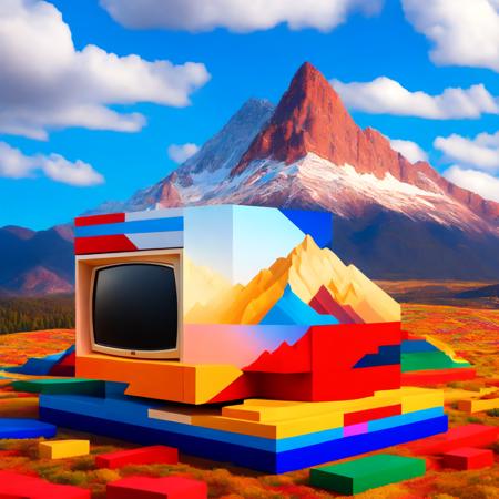 (boxedfuture style:1) a television made out of legos with a mountain scene in the background <lora:djzBoxedFutureV21_LoraBooth:1>