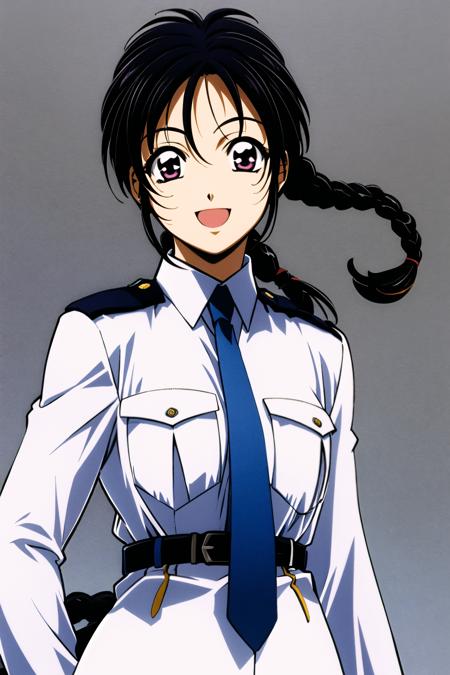 Miyuki Kobayakawa, solo, police uniform, police, policewoman, 1girl, uniform, purple eyes, black hair, necktie, braid, long hair, smile, open mouth, simple background, <lora:Atsuko Nakajima:0.8>, <lora:Miyuki Kobayakawa:0.4>