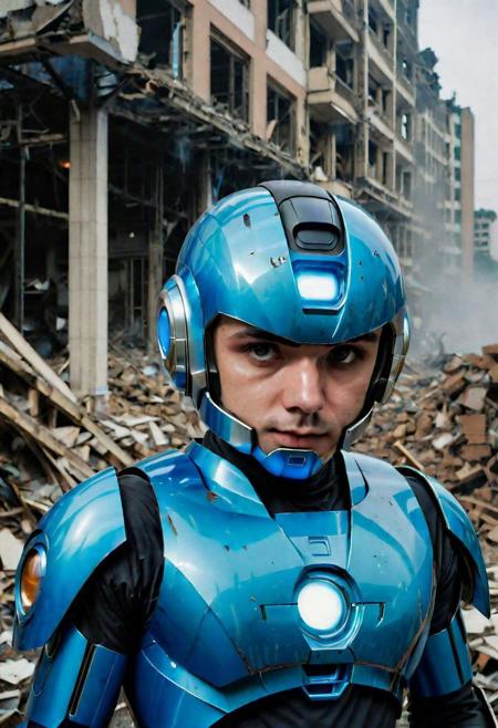 Portrait Photo of a ((blue gelatine megaman:1.7)), who is standing looking at how his city has been destroyed by a nuclear bomb. He has just arrived at the disaster and observes the horror of the destruction, ruined buildings full of smoke and flames, ground full of rubble with skeletons lying around In the dawn light floods the scene, the man is completely dressed in normal clothes and wet, he is dirty, everything is a disaster, the sky is cloudy and it is raining,(beautiful face:1.6), Fujifilm XT3,film still,film grain,cinematic,soldier accessories,war style, professional photo,best quality and best aesthetic,Award-winning artistic photos,Outdoors,public places,( detailed in background:1.6)Perfil,18-20 (dirty:1.8)