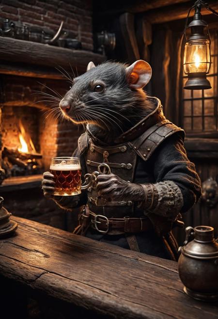 fantasy anthropomorphic a black-rat warrior in dark tavern holding a pint of ale in a cozy environment with gas lamps rustic wood warm brick fireplace and frosted glass windows