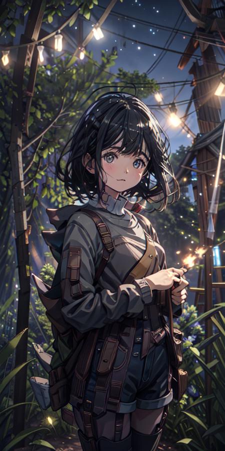 solo, majestic, ((masterpiece:1.2)), ((best quality:1.2)), roasting marshmallows at a single campfire, thin waist, confident, dynamic pose, candid, textured skin, black hair, detailed skin, small breasts, perfect hands, bangs, outside, forest, happy, warm clothes, smores, camping, wearing overall shorts, dark thigh socks, tent, (nighttime:1.1), night, eye contact, tree in background, full moon, shooting star, moon,  <lora:chara_Dunno_v1:1>,  <lora:xsniji_v5-10:1>