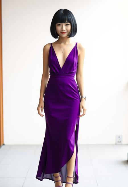 A 19-year-old Taiwanese woman with a black bob haircut, wearing a purple deep V-neck sleeveless dress and purple high-heeled open-toe sandals.
FHD, Rich in details, masterpiece.