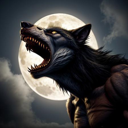 <lora:werewolf_v0.2:1> 1boy, werewolf, howling, full moon, night, clouds, fog, horror \(theme\), monster, sharp teeth, (masterpiece), (best quality), (highly detailed), strong werewolf
