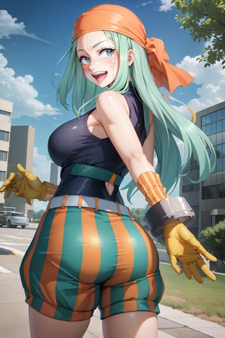 EmiHS2, solo, 1girl, green hair, bandana, long hair, smile, breasts, looking at viewer, gloves,bare shoulders, sleeveless, green eyes, large breasts, open mouth, cowboy shot, striped, striped clothes, belt, orange gloves, aqua hair, shorts, :d, eyelashes, teeth, shirt, blush, striped shorts, sweat, black shirt, sleeveless shirt, yellow gloves, puffy shorts, outdoors, sky, clouds, day, buildings, trees, bushes, from behind, looking back, ass focus,
 <lora:EmiHS2:0.8>