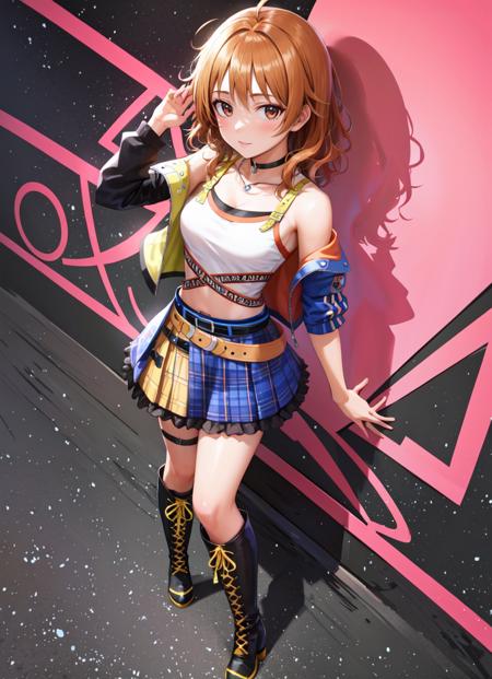 masterpiece, best quality, ultra-detailed, illustration, 1girl, solo, looking at viewer,  <lora:funkydancing-outfit-v12h:1>, funkydancing outfit, black choker, bare shoulders, cropped jacket, open jacket, long sleeves, crop top, midriff, collarbone, necklace, miniskirt, frilled skirt, plaid, belt, thigh strap, knee boots, full body, standing,   <lora:arakiHinaTHEIdolmSTER_v11:0.6> , araki_hina, orange hair, brown eyes, ahoge, messy hair, medium hair