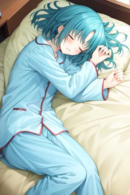 yuukimiwa, hair down, medium hair, sleeping, pajamas