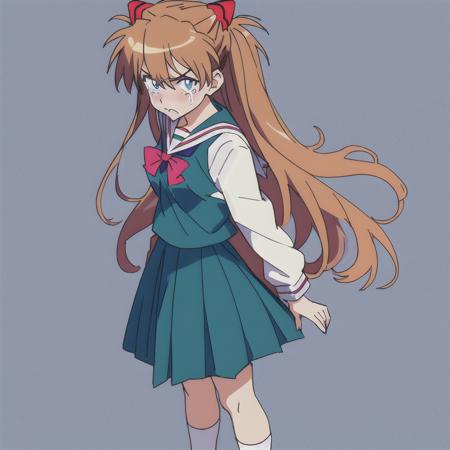 Niji style, masterpiece, best quality,solo, souryuu asuka langley,standing, v-shaped eyebrows ,crying,meme, lookind at viewer,colorful, bright colors,school uniform,skirt,socks,anime coloring,1girl, from the side,long hair, breasts, bangs, blue eyes, simple background, brown hair