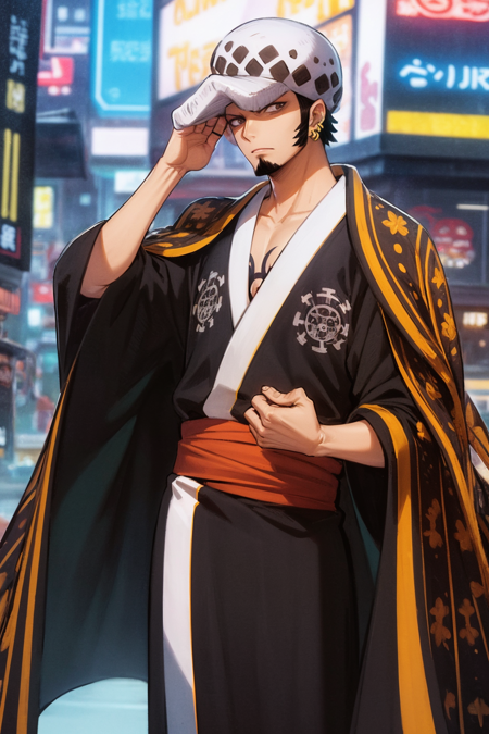 masterpiece, best quality, 1boy, tdlwano, black hair, hat, chest tattoo, earrings, facial hair, long sideburns, goatee, japanese clothes, black kimono, coat over shoulder, looking at viewer, cyberpunk, solo, neon light, night, cyberpunk city background <lora:TrafalgarDLawWano:1>