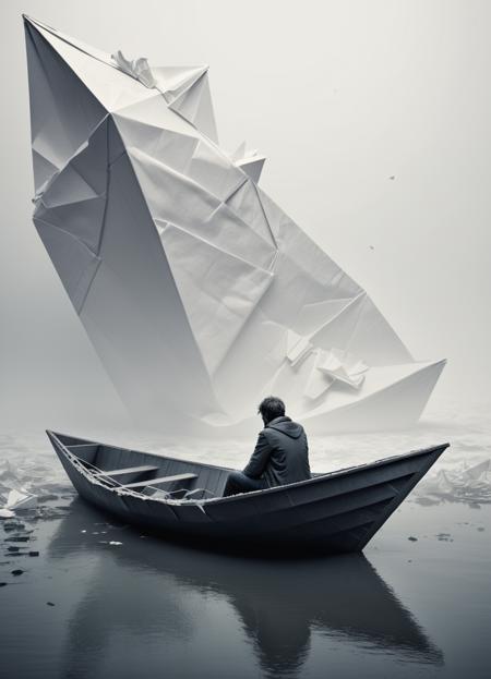 side shot portrait sad man sits in the corner of a big origami boat, bottom left view, rough sea, fog, white paper, broken, 8k, F2.8, RAW Photo, ultra detailed,   <lora:RussMillsXL:1>