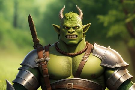 a orc man in armor standing in a battlefield, detailed face, medieval, fantasy, green skin