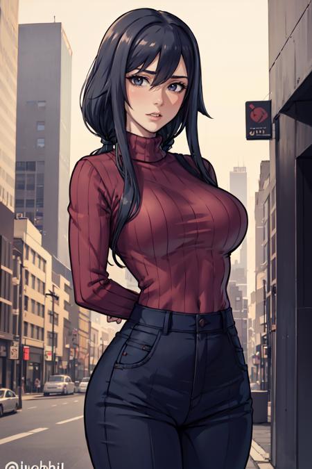 masterpiece, best quality, absurdres, perfect anatomy, 1girl, solo, RyobaAishi, sweater, ribbed sweater, long sleeves, high-waist pants, outdoors, city, arms behind back, <lora:CHAR-RyobaAishi:0.8>