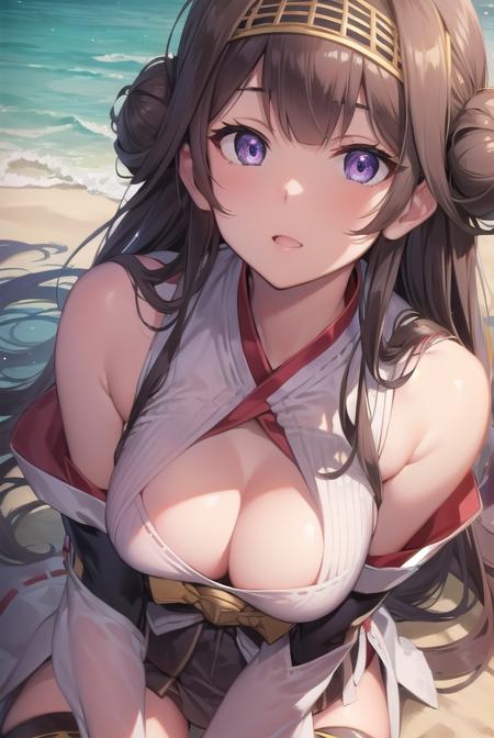 kongou, ahoge, brown hair, double bun, hair bun, hairband, headgear, long hair, (purple eyes:1.1),  boots, detached sleeves, japanese clothes, nontraditional miko, ribbon trim, ribbon-trimmed sleeves, thigh boots, wide sleeves,