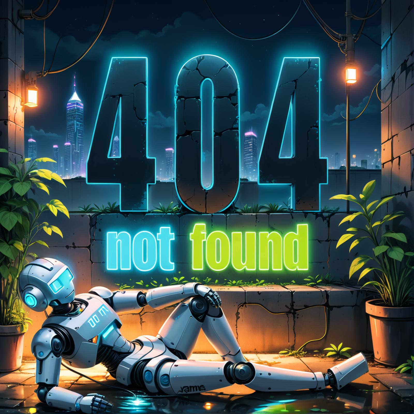 404 Not Found: Robot Robotics Poster with a Silhouette of a Robot on a Wall.