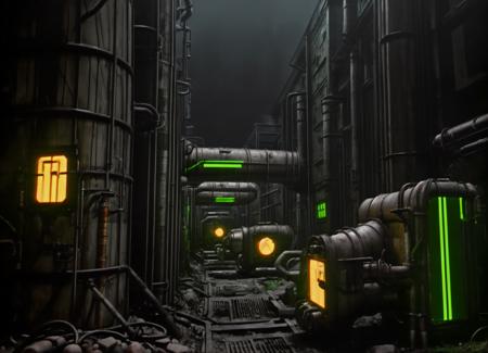 cptpower, post apocalyptic, trench, metal pipes, dark atmosphere, industrial,  green glowing tvs, brutalist, soaron    <lora:Captain_Power_Style:0.8>
