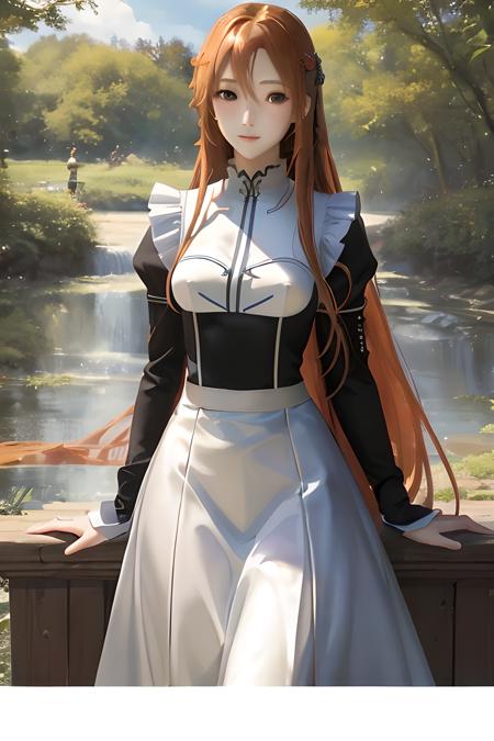 ((masterpiece)), ((best quality)), (slender_body:1.1), (wide_hips:1.2), (narrow_waist:1.2),
Asuna Yuuki, 1girl, long hair, outdoors, orange hair, long hair, realistic, ultra realistic, hyper realistic, real life, highly detailed, focused,
Maid Dress, Maid, Full dress, full sleeve
<lora:Asuna Yuuki 2:0.5>