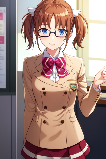 sakuraiaina, glasses, 1girl, solo, school uniform, bow, jacket, blazer, skirt, bowtie, smile