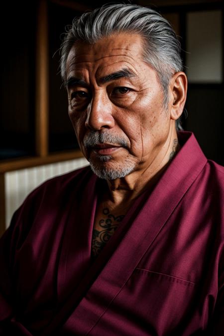 (8k, RAW photo, highest quality), an old wisely grandpa, former yakuza, wearing a kimono, dangerous looking, tattoos, skin pores, skin blemish, extremely high-resolution details, photographic, realism pushed to extreme, fine texture, 4k, ultra-detailed, high quality, high contrast, 35mm photograph,  Supreme Precision, Immaculate Realism, instagram style, Vivid Artistry