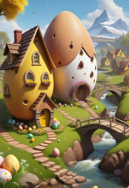 ((masterpiece, best quality)), high resolution, 32k picture, professional render, trending on artstation, prevailing colors brown, yellow and all their shades
Easter Egg Home, outdoors, nature, flower, window, grass, door,  village, a village of egg houses near a babbling brook, waterfall, bridge,
