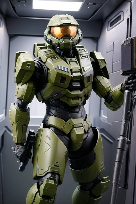 Best quality, masterpiece,
1boy,  <lora:masterchief:0.7>, masterchief, armor, belt, energy_gun, full_armor, helmet, machinery, mecha, no_humans, pilot, pilot_suit, power_armor, robot, solo,
holding weapon, weapon, (in spaceship:1.5), corridor background,