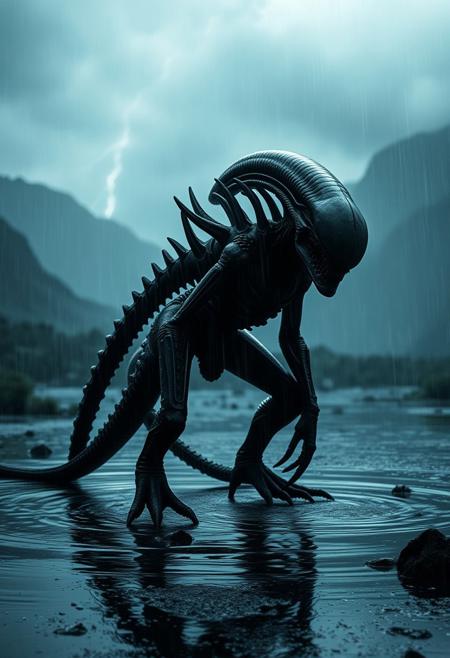 A haunting, cinematic horror image of a Xenomorph standing in a flooded alien valley, rain cascading down its exoskeletal frame as deep rumbles of thunder shake the distant mountains. Pools of thick, tar-like liquid swirl around its clawed feet, reflecting brief flashes of light that catch the sleek ridges of its elongated skull. It tilts its head slightly, sensing something beyond the storm.