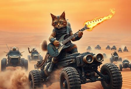 An apocalyptic wasteland scene inspired by Mad Max: Fury Road, but with anthropomorphic cats. A fierce, battle-hardened tabby cat, clad in tattered leather and war paint, stands atop a massive war rig, shredding a flaming guitar. The guitar shoots a line of fire into the dusty sky as the cat’s fur blows wildly in the wind. Its eyes burn with intensity beneath steampunk goggles, and its claws grip the instrument like a true rock god.
The war rig barrels through the desert, surrounded by a chaotic convoy of wasteland vehicles, each driven by crazed, armored feline war boys. Dust and sand swirl around monstrous, spiked cars with massive exhaust pipes belching smoke. In the distance, the endless dunes stretch beneath a searing orange sky, while war drums thunder in the background. The atmosphere is high-energy, intense, and absurdly epic, capturing the full madness of the original scene in an over-the-top feline twist.