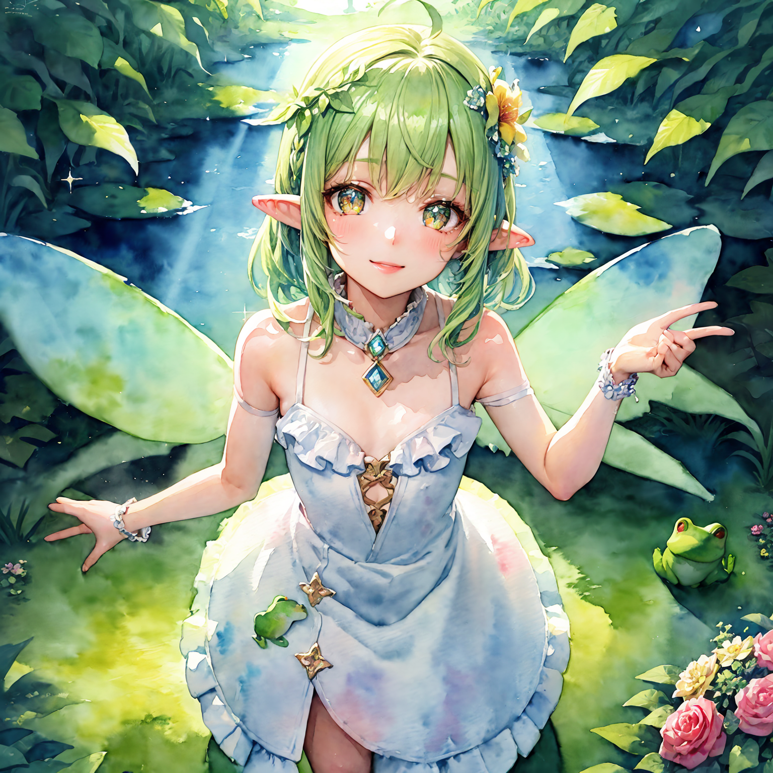 (best quality:1.3), (masterpiece:1.1), (watercolor \(medium\):1.4), from above, (cute:1.3) 1girl, fairy, magical forest, s...