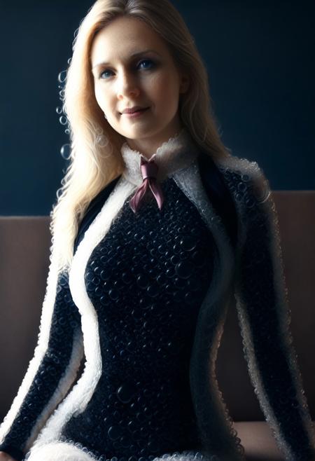 beautiful female, score_9, score_8_up, score_7_up, score_6_up, score_5_up, score_4_up, UHD, 8K, masterpiece, detailed, ultra_high_resolution, lots of detail, OverallDetailXL, detailxl, Masterpiece, 32k, photorealistic:1.4, small waist, fitness body, toned muscles, wide hips, slender legs, high cheekbones, oval face, 32 years old, mature female, milf, makeup, curvy, pretty face,  jewelry, solo, seductive smile, sultry, serious stare, stern look, natural skin, long hair, realistic photograph, blond, blue eyes, coffee shop, (formal dress made_of_bubbles:3), (pink tie:1.5), sitting, (high neck closure:2), (fully dressed:2.6), kpop, wrinkles, laugh lines, Mature brunette, (pale beauty:-3)