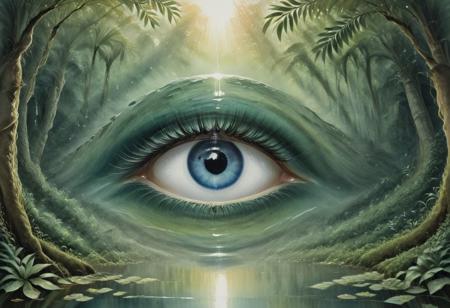 Close-up watercolor painting of a single tear falling from an eye. Within the transparent tear, a lost, ancient city with ruins and lush jungle is vividly reflected. Expressive brushstrokes, soft washes, mystical light, high detail, masterpiece.