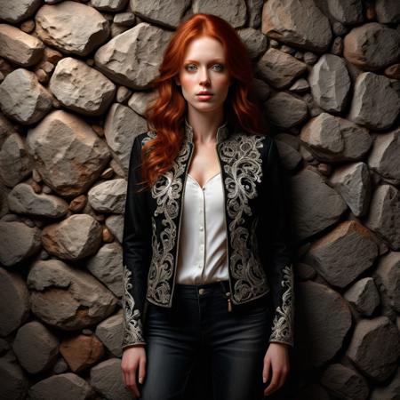 Ultra realistic full body color pencil drawing of red haired beautiful woman, dressed in a tight  white blouse, black jeans and an intricately ornamented black  jacket. At a rough stone wall, (facing the viewer),
BREAK
Deep dark intense brown foggy background,
dynamic lighting, (soft shadows), (soft focus),  (photo realistic), uhd, 8k