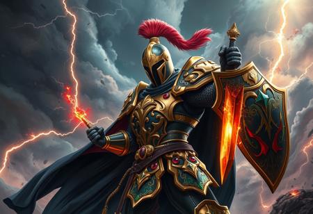 A breathtaking dark fantasy digital illustration, trending on ArtstationHQ, depicting a formidable knight in a dynamic action pose. The knight stands resolute, imbued with vivid emotions, against a tempestuous, stormy sky. His intricately designed armor, a striking blend of dominant gold and black with splashes of vibrant red and deep green accents, gleams with a Grammer Effect Style finish. The helmet, with its articulated visor and an opulent plume, enhances his regal bearing. A powerful, gleaming sword is held firmly in his right hand, reflecting the stormy light, while a ready shield protects his left. His stance is one of profound readiness, poised for a joyous impact and a powerful message. The background is a chaotic, dramatic stormy sky, abundant with swirling clouds and explosive lightning bolts, heralding an intense storm. This high-res, 4K image showcases exceptional quality with more detail, sharp lines, and masterful brush strokes, like a beautiful matte painting. The stunning, harmonious, multi-colored palette and contemporary aesthetics are meticulously handcrafted with precision. The impeccable composition, with a creative angle and attractive background, ensures intentional focus and a well-timed moment, embracing the golden ratio. Rendered with Houdini Style, this piece features super detailed face, eyes, and clothes, and elements of Splash Ink Illustration for dramatic effect. No discernible text.