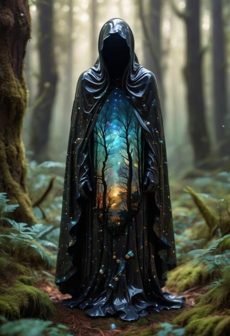 a tiny microverse inside an opal marble, here's a brand new image generation prompt: a mystical forest unfolds before us, where towering trees with iridescent bark seem to absorb and reflect the soft light of luminescent mushrooms growing at their bases. the air is thick with an otherworldly energy that crackles with ancient magic. amidst this enchanted landscape, a figure emerges from the shadows: a being with skin like polished obsidian, adorned in a flowing cloak that shimmers with tiny, glittering stars. their eyes burn with an inner light as they walk towards us, their very presence seeming to awaken the forest's secrets and draw forth hidden powers from the trees themselves., tiny unexplored ecosystem, sparks
