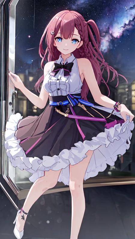 ((masterpiece)),(((bestquality))),((ultra-detailed)), asta,full body, looking at viewer,1girl, solo, shirt, blue eyes, bow, braid, sleeveless, sleeveless shirt, smile, long hair, looking at starry sky, black bow, skirt, bowtie, hair ornament, one side up, white shirt, bangs,bare shoulders, window, collared shirt, pink hair, frills, medium breasts, side braid, black bowtie, hair bow ,<lora:asta_20230706130251:0.6>, (very very beautiful starry sky:1.2),starry sky, (very very detailed eyes:1.2)