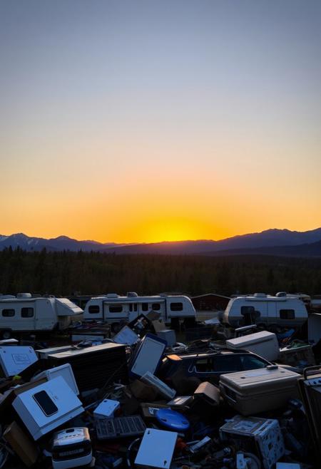 The most gorgeous November sunrise above the distant mountains behind a forest in the distance, the foreground is a trailer park junkyard filled with miscellaneous trash, broken appliances and half disassembled vehicles.