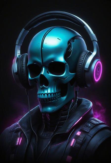 A cybernetic marvel unfolds: A skull adorned with headphones emerges in front of a dark background, creating a ghostpunk aesthetic in this epic digital art piece. This professional and captivating portrait captures the essence of a DJ in the cyber realm, radiating a synthwave vibe. The combination of a death skull and fantasy elements results in a beautiful digital artwork that stands out as the best on ArtStation. This smooth and detailed creation, portraying a night-time raid, exemplifies great digital artistry. With its blend of scary yet colorful elements, this trending digital art piece epitomizes the portrait of a cyber skeleton in a mesmerizing and haunting manner.