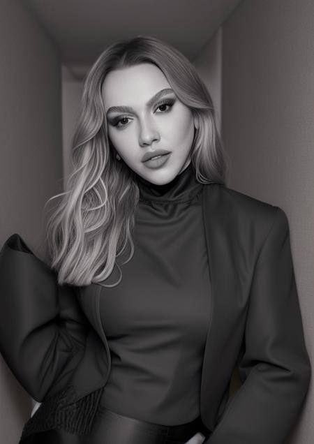 1 woman, wearing black jacket, white shirt, black tie, magazine cover,  posing for camera, directly looking to the camera, <lora:hadise:1>,  <lora:detail_slider_v4:1>