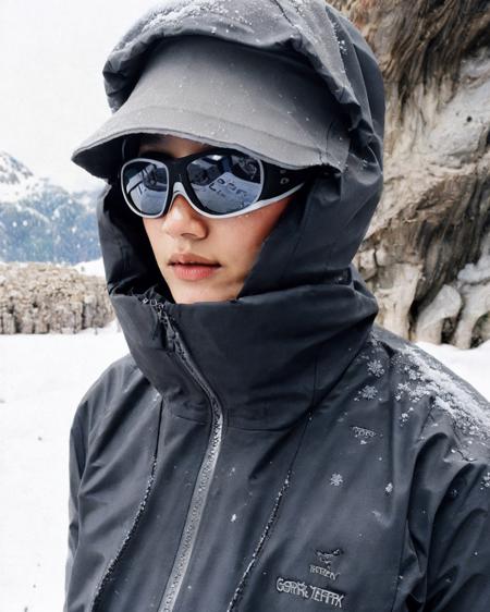 ,black jacket,sunglasses,hide face, detailed face, masterpiece,gorpcore,80mm f/11 on kodak ektachrome e100, soft focus, film grain, muted colors,snowy,snow mountains,full body <lora:gorpcoreLORA:1>