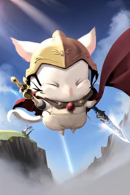 masterpiece,best quality,moogle,cape,helmet,sword,cliff,sky,cloud,sunbeam,<lora:Moogle_NF_V1.3:0.9>,