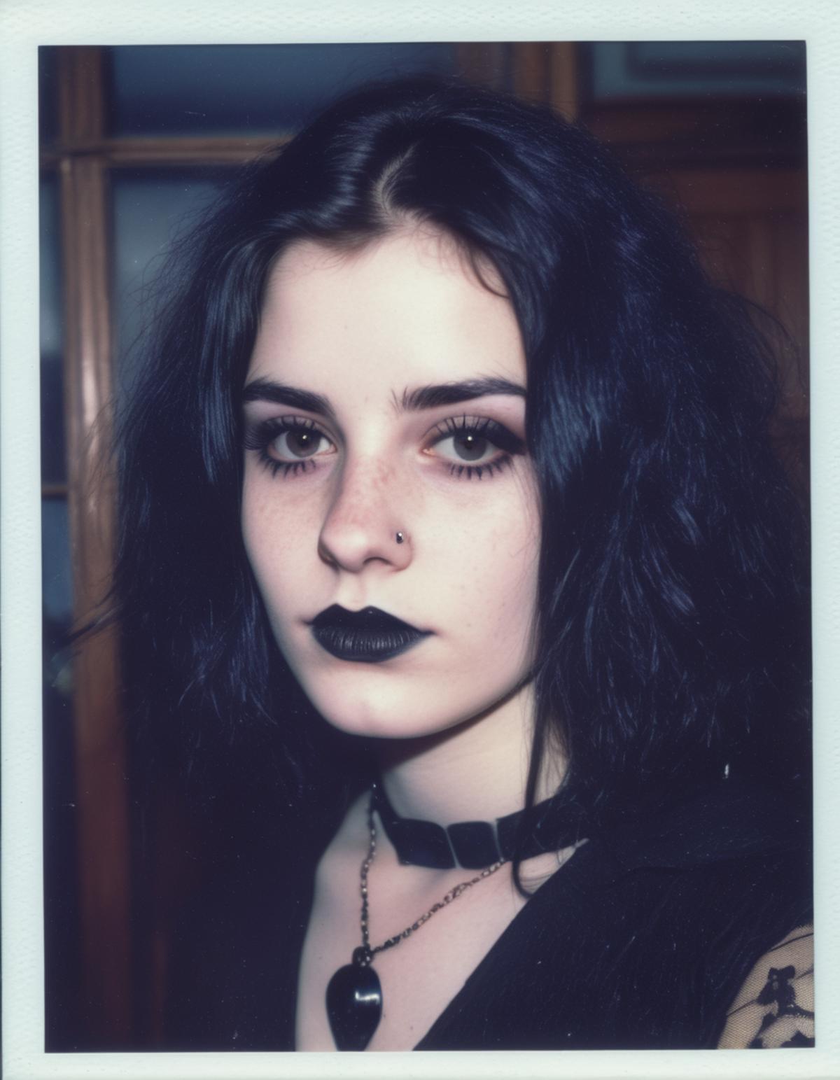 A young woman with dark hair and lipstick looking into the camera.