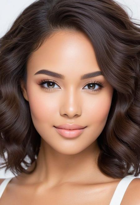 radiant complexion, warm complexion that doesn't conform to a specific skin tone, rich skin tone, blended heritage, symmetrical face, symmetrical eyes, harmonious face, high cheekbones, soft smile, expressive eyes, perfect eyes, well-defined eyebrows, lush hair, free flowing hair, soft wavey hair, natural hair tones, shimmering highlights, full figure, curvaceous figure, confident posture, big and beautiful, elegant poise, elegant garments, free flowing fabric, graceful attire, complement fit, majestic presence, welcoming posture, happy, smiling, radiating beauty, amorous, flirty