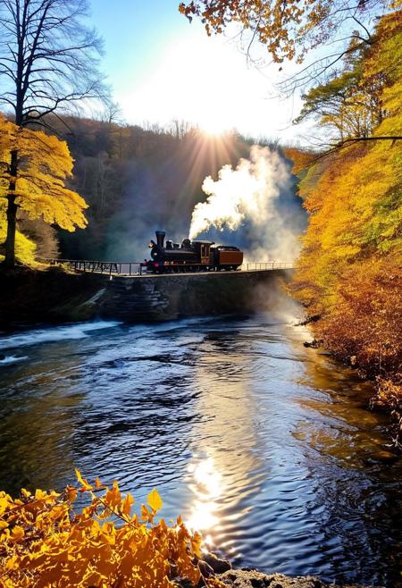 (( ((stone bridge)) across the river, old steam train)), 
BREAK
 A gentle ️air current, laden with the scent of sulfur, stirs through the canopy of a towering earth elm. Sunlight filters through the leaves, dappling the ground with warmth. As a fiery June sun  dips towards the horizon, casting long shadows, a cascade of golden leaves pirouettes and twirls in the air, pulled upwards by the rising steam. The leaves drift down, and finally settle on the surface of a steaming hot spring. The water churns gently, sending wispy tendrils of steam curling upwards, momentarily breaking the perfect reflection of the fiery sky. Air Elemental