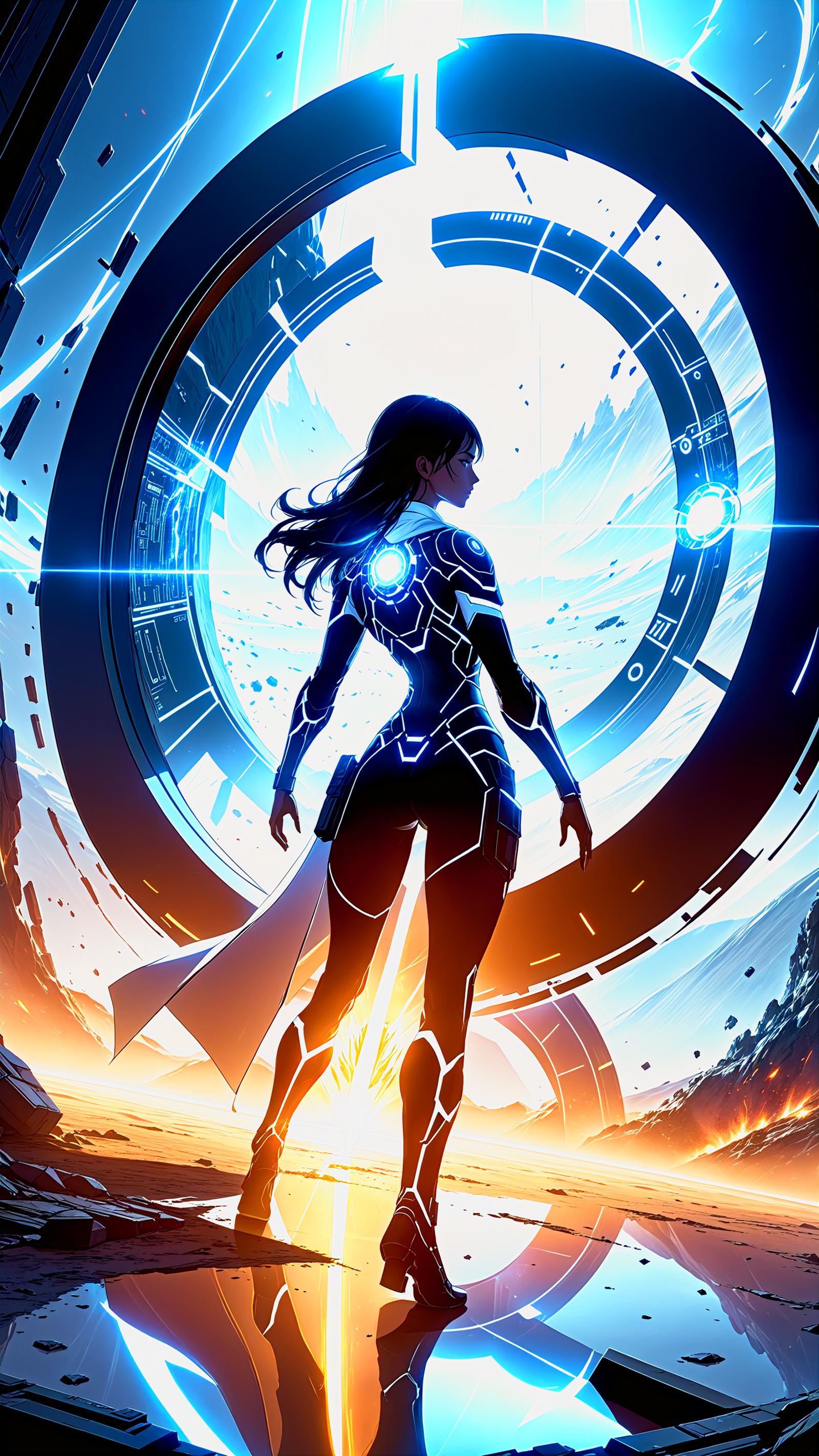 A woman in a blue and black outfit is standing in front of a blue circle, which appears to be a wormhole. She is wearing a white cape and is holding a gun in her hand. The image is set against a backdrop of a blue sky.