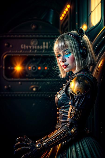 "A whimsical humanoid AI in a steampunk universe, her mechanical features crafted with brass, gears, and clockwork, delicately fused with organic materials like wood and lace. She wears a victorian-inspired dress with intricate designs, holding a glowing gear-shaped artifact. Her expression is serene, her blue eyes reflecting the light of a glowing steam engine in the background. Art style: vibrant and detailed, with warm metallic tones and vintage aesthetics." face close up,
NEG_EMBED_STABLE_YOGI_V3, cyberg1gerng, cyberg1gerng face,