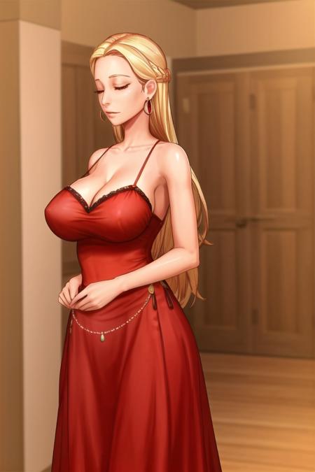 <lora:taffy_tales:.6>, taffy tales, masterpiece, best quality, 1girl, breasts, dress, cleavage, solo, closed eyes, jewelry, red dress, earrings, large breasts, long hair, bare shoulders, indoors, blonde hair, cowboy shot, taut dress,