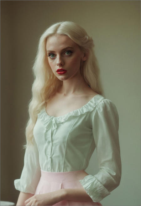 The scene is a dark academia library, bookshelf, indoors. A skinny egirlmakeup 4ng3l face woman stands alone and glowing. The scene is captured on Polaroid and Hasselblad 120mm medium format film, giving it a dreamy, nostalgic quality. The woman, who appears to be around 21 years old, is petite with long legs and porcelain skin. She is dressed in a random outfit and tall high-heel shoes. Her clothes are frilly and feminine, and her long blonde hair cascades down her back in loose waves. Her lips are painted a glossy red, and her eyes are framed by realistic dark mascara. Worried expression. Seafoam-green and pastel-pink colored smoke,  <lora:detailed_hands-000007:0.8>