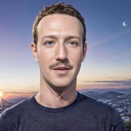 <lora:mark_zuckberg:0.8>,detailed eyes,detailed face,detailed body,mark zuckberg,1boy, blue eyes, brown hair, blue shirt, cloud, evening, facial hair, male focus, mustache, purple sky, realistic, red background, red moon, red sky, shirt, sky, solo, star \(sky\), starry sky, sunset, twilight, upper body,sun glasses