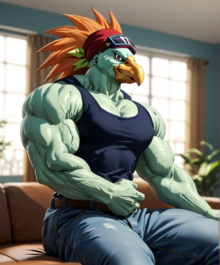 G4nos bird alien dragonball z muscular red eyes light green skin orange head feathers yellow head feathers 1boy solo goggles sleeveless shirt pants