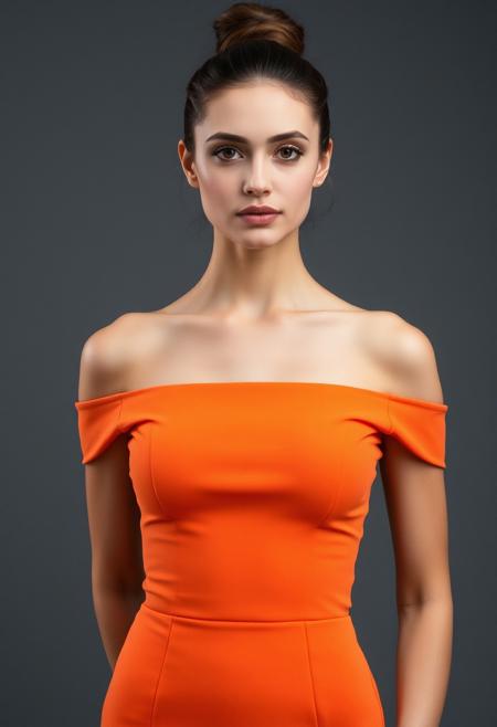close up shot, front view of a woman wearing an orange fit dress, bare shoulders, bare neckline,  bun hairstyle, grey background