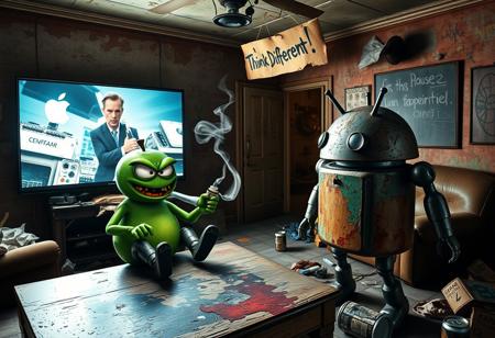 "In a grimy, dilapidated Florida crackhouse, a cartoonish green apple with exaggerated, glaring eyes and twisted limbs engages in a surreal confrontation with the iconic Android logo robot. The apple, seated on a battered, stained coffee table, grins menacingly, clutching a glass pipe. Wisps of smoke curl up from the pipe, drifting through the harsh, flickering light of a massive OLED TV mounted on the wall.
The TV blares an unnervingly vivid Apple computer commercial, its bright visuals casting sharp, unsettling shadows across the room. The walls are covered in grime and graffiti, with peeling wallpaper and broken fixtures. The floor is littered with trash, broken furniture, and empty cans, adding to the squalid atmosphere.
The Android robot, with a rusted, dented exterior and malfunctioning eyes, stands in a defensive stance with twitching antennae. Above the TV, a warped, grimy cardboard sign with 'Think Different!' hangs crookedly. The sign’s jagged, irregular lettering is illuminated by flickering LEDs, casting eerie shadows on the peeling stucco walls.
The air is thick with the stench of mildew and decay, mixed with the acrid smell of smoke from the apple's pipe. The green apple’s glossy skin and the Android’s grimy, rusted body are highlighted by the cold, flickering light, enhancing the bizarre and unsettling scene in this derelict, drug-ridden setting."