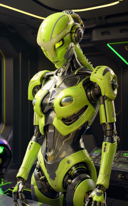 Alien-themed ((bright neon colors)), (top-quality, 8K, masterpiece:1.3) A photo of a sleek, humanoid robot, playing a musical instrument, wearing a stylish jacket, on a modern stage taken with a prime lens highly detailed, detailed skin, dramatic spotlighting <lora:IvoryGoldAIv2:1> ivory gold . Extraterrestrial, cosmic, otherworldly, mysterious, sci-fi, highly detailed