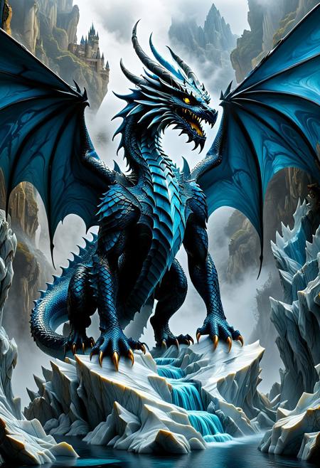Amidst towering, jagged mountains cloaked in mist, a colossal marble dragon with striking cerulean blue, navy blue, and black brilliantly shiny marbled scales looms menacingly, its fierce golden eye locked onto a solitary figure standing far below. The draconic creature's intricate, spiked maw, filled with sharp teeth, conveys an intimidating presence, while its textured feathers ripple in the wind, showcasing the mastery of its scales. The distant castle, marked by elegant spires and a gothic silhouette, adds an ethereal touch to the scene, hinting at an ancient world steeped in mystery. The soft, diffused light creates a surreal atmosphere, casting delicate shadows that emphasize the dramatic scale difference between the dragon and the cloaked wanderer, evoking a blend of awe and foreboding in this fantastical landscape.<lora:GeekyXL_Liquid_Marble:1> liquid marble
 <lora:add-detail-xl:1> misc